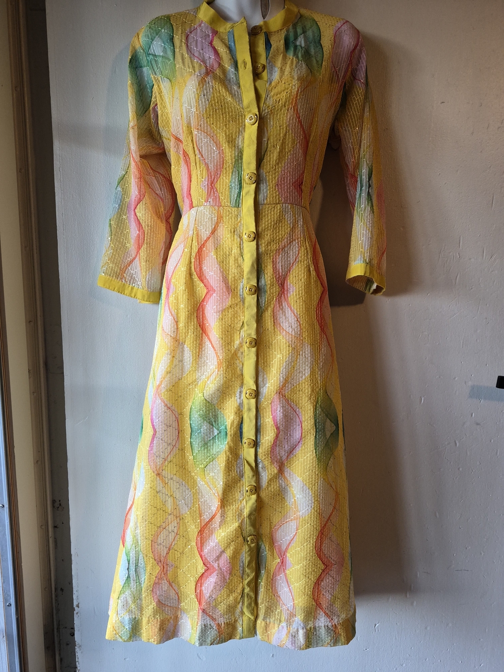 Yellow Multi-Color Patterned Button-Front Women's Dress